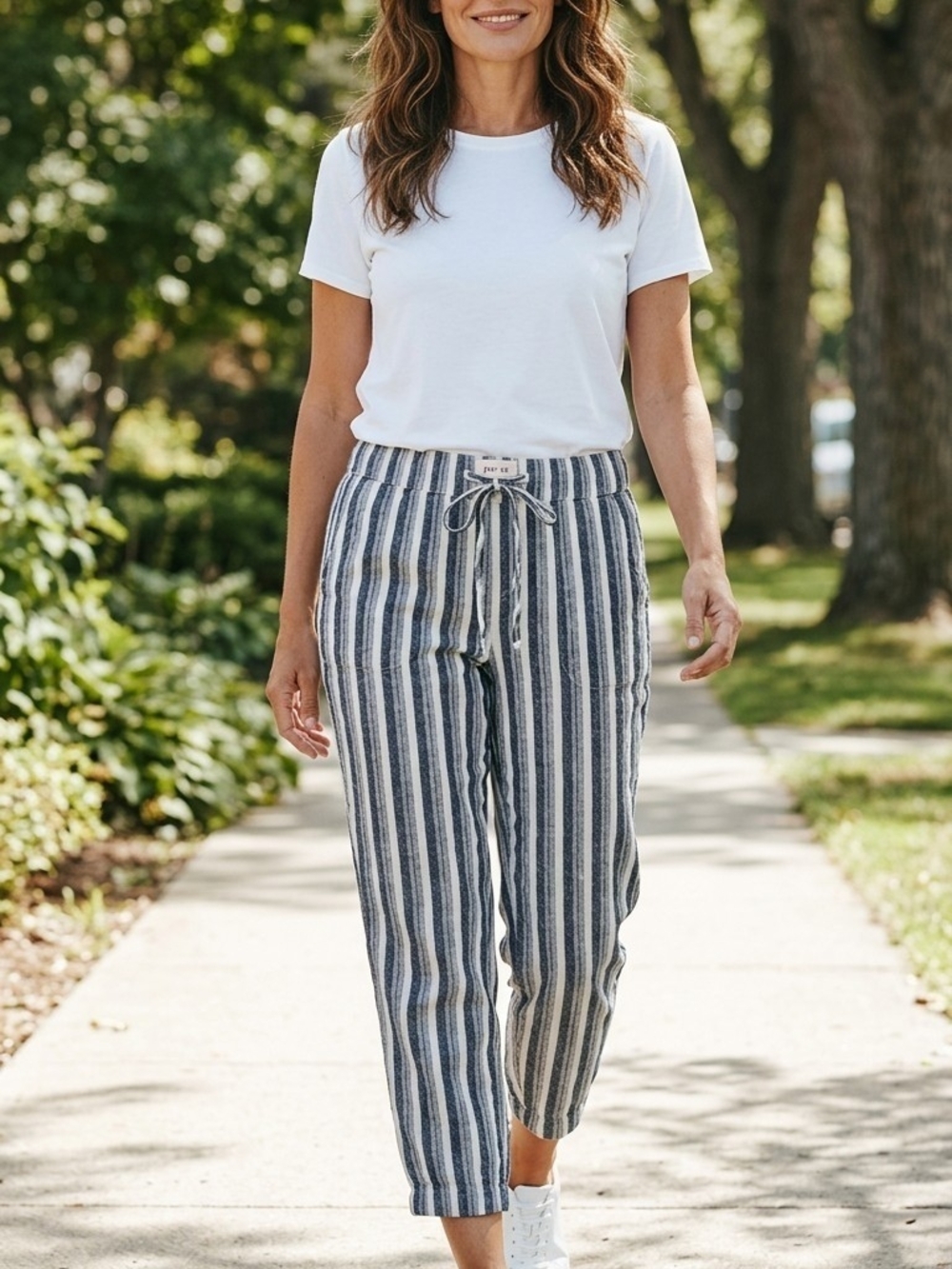Per Se Blue & White Striped Cropped Drawstring Pants SZ P XL